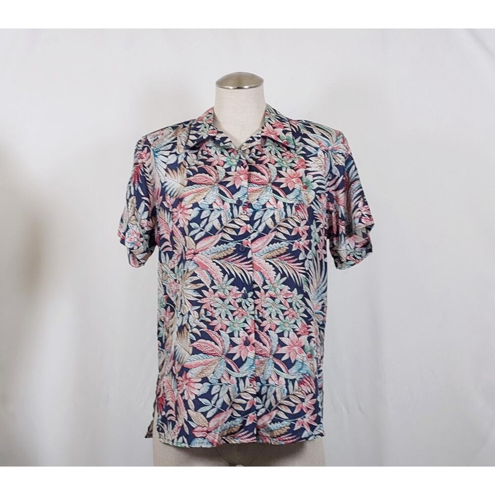 Vintage 90s Blouse Silk Blue Tropical Floral Print Women's Size S